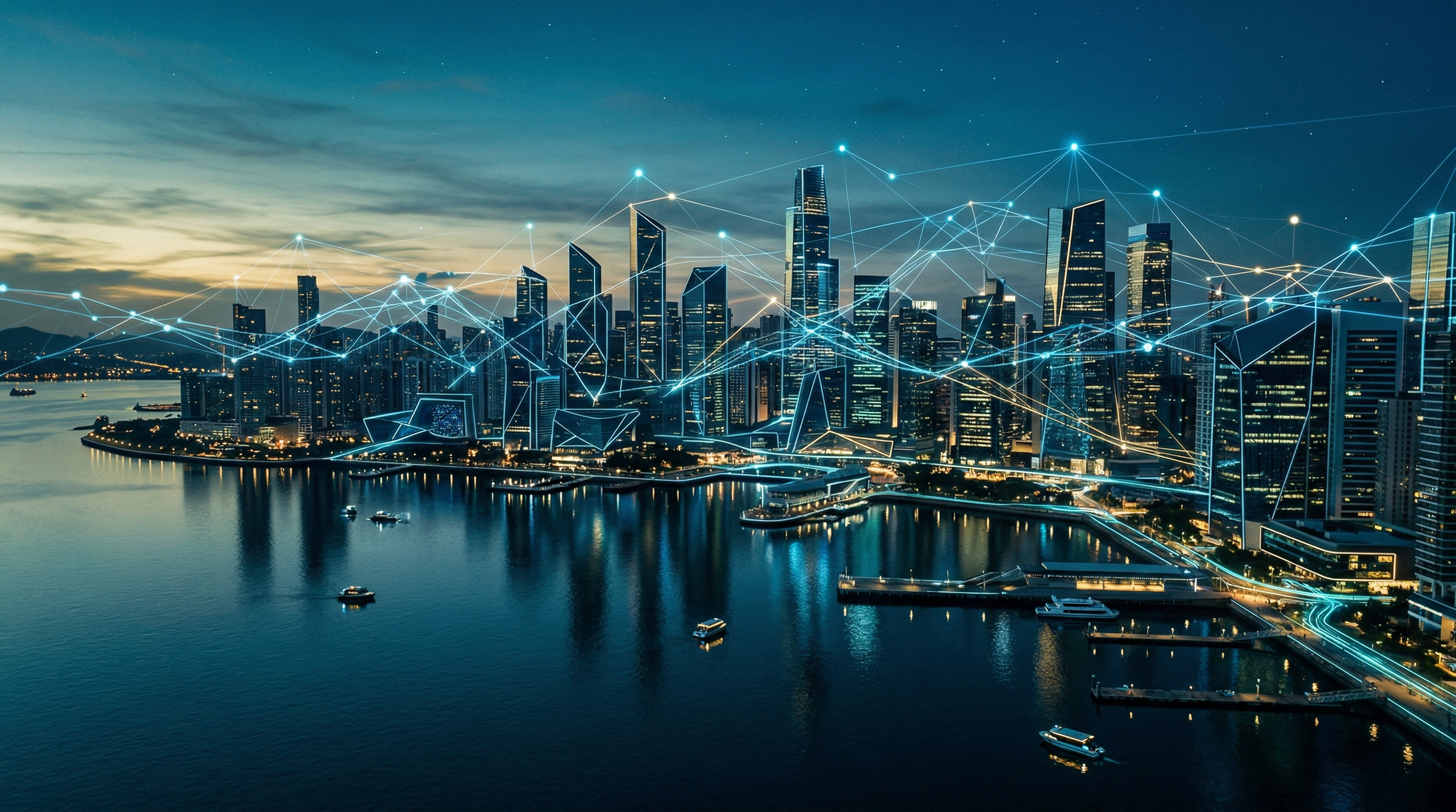 Smart city with AI network connections over water